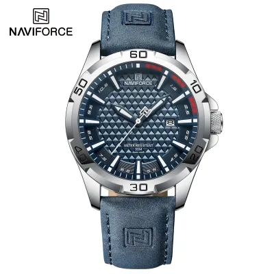 NAVIFORCE NF8023 Classic Business Leather Strap Wristwatch for Man Quartz 3ATM Waterproof Men's Watches Date Display Male Clock - Silver Blue